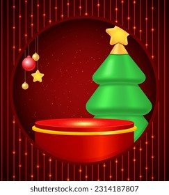 Christmas and New Year vector background with red podium, hanging balls and fir tree for design