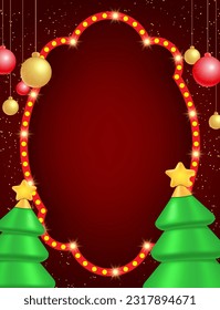 Christmas and New Year vector background with sparkle shining banner, fir tree and hanging celebrate balls for design