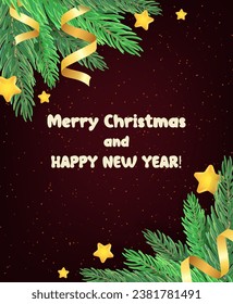 Fondo vectorial de Navidad y Año Nuevo con ramas de árbol de abetos, estrellas y cintas de vacaciones