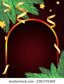 Christmas and New Year vector background with sparkle shining arch, fir tree branches, stars and holiday ribbons