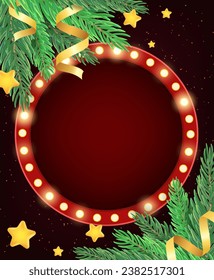 Christmas and New Year vector background with sparkle shining banner, fir tree branches, stars and holiday ribbons