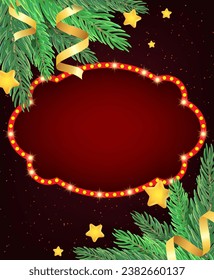 Christmas and New Year vector background with sparkle shining banner, fir tree branches, stars and holiday ribbons