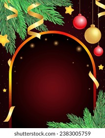 Christmas and New Year vector background with sparkle shining arch, fir tree branches, hanging balls, stars and holiday ribbons