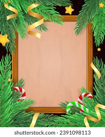 Christmas and New Year vector background with wooden frame and old paper, fir tree branches, stars and holiday ribbons