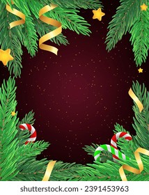 Christmas and New Year vector background with fir tree branches, sticks, stars and holiday ribbons