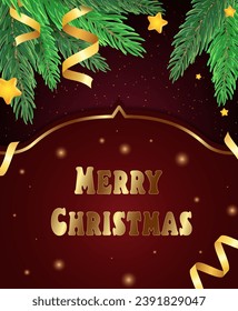 Christmas and New Year vector background with fir tree branches, shining stars and holiday ribbons