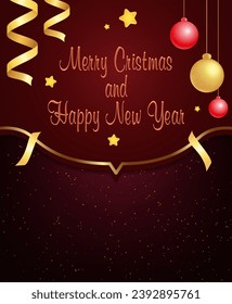Fondo vectorial de Navidad y Año Nuevo con bolas colgantes, estrellas brillantes y cintas de vacaciones