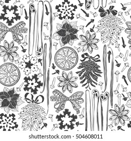 Christmas and New Year vector background. Black and white seamless pattern with  traditional Christmas elements.