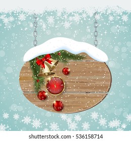 Christmas and New Year vector background with retro wooden signboard.