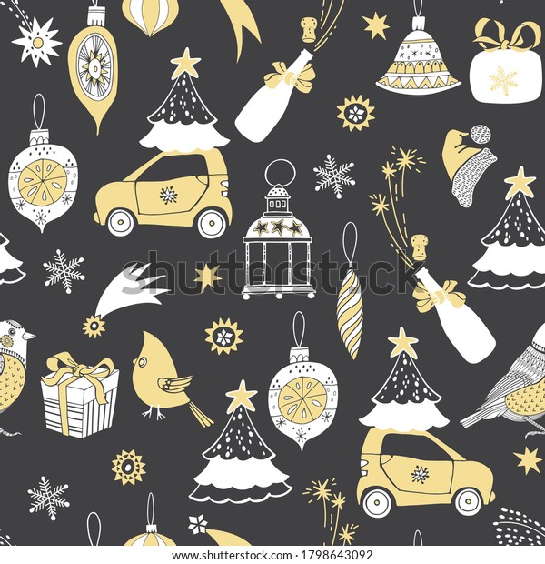 Christmas and\
New Year vector background.Seamless pattern with festive elements\
on  black.  Perfect for greeting Christmas and New Year cards,\
invitations, wallpaper,\
wrapping.