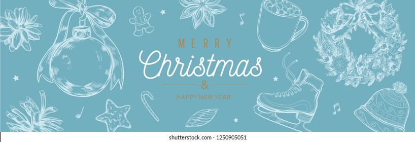 Christmas and New Year vector  banner, background with vintage hand drawn elements: christmas wreath, pine cone, and other decoration. Horizontal poster, card, header, Cozy style 
