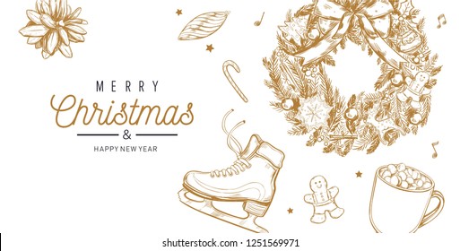 Christmas and New Year vector  banner, background with vintage hand drawn elements: christmas wreath, pine cone, and other decoration. Horizontal poster, card, header, Cozy style 