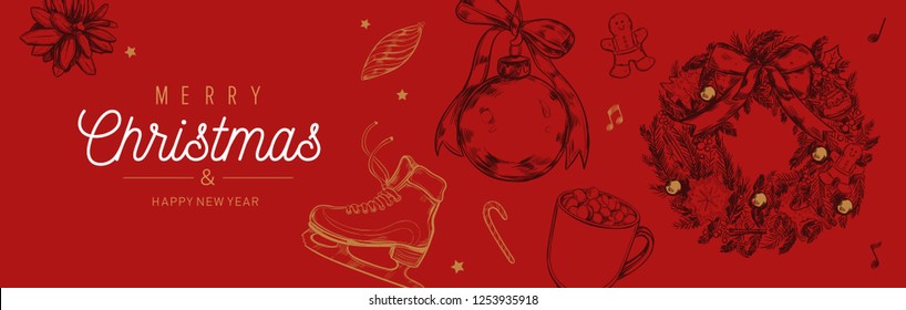 Christmas and New Year vector  banner, background with vintage hand drawn elements: christmas wreath, pine cone, and other decoration. Horizontal poster, card, header, Cozy style 