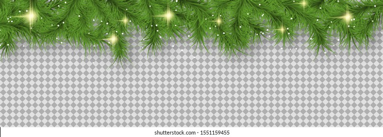 Christmas and New Year vector banner template. Fir tree branches border on transparent background 