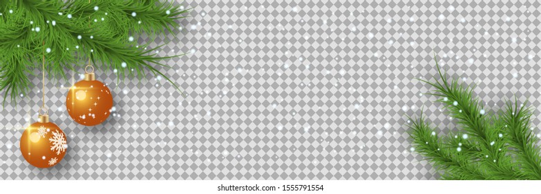 Christmas and New Year vector banner template. Fir tree branches border with balls on transparent background 