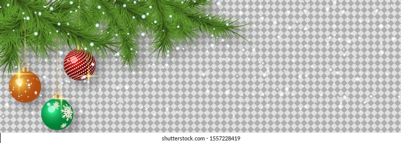 Christmas and New Year vector banner template. Fir tree branches border with balls on transparent background 