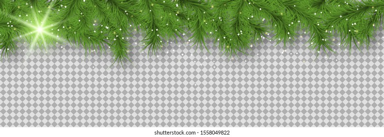 Christmas and New Year vector banner template. Fir tree branches border on transparent background 