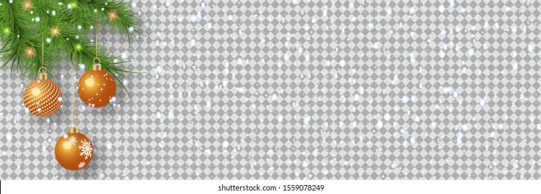 Christmas and New Year vector banner template. Fir tree branches corner with balls on transparent background 