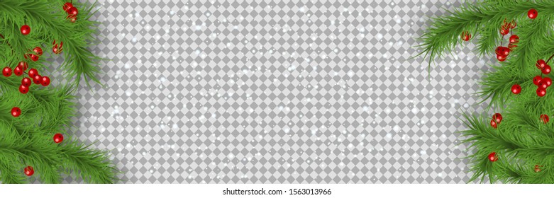Christmas and New Year vector banner template. Fir tree branches border on transparent background