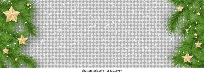 Christmas and New Year vector banner template. Fir tree branches border on transparent background