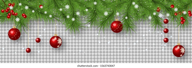 Christmas and New Year vector banner template. Fir tree branches border with winter decor on transparent background 
