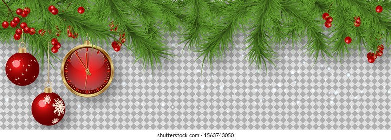 Christmas and New Year vector banner template. Fir tree branches border with winter decor on transparent background 