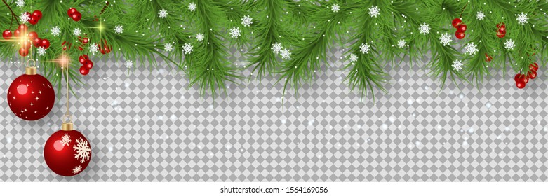 Christmas and New Year vector banner template. Fir tree branches border with balls on transparent background 
