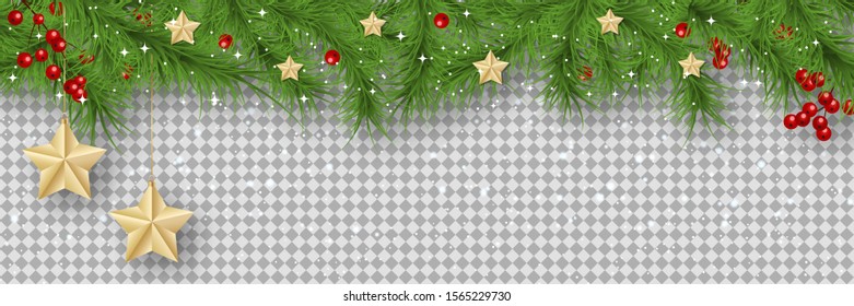 Christmas and New Year vector banner template. Fir tree branches border with winter decor on transparent background