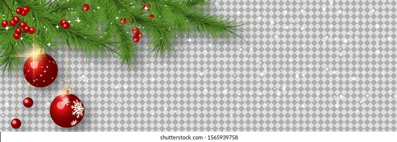 Christmas and New Year vector banner template. Fir tree branches corner with balls on transparent background