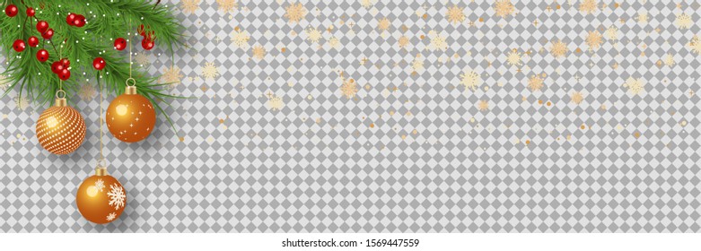 Weihnachten und Neujahr Vektorbanner-Vorlage. Tannenbaum-Zweigstelle mit Winterdekor auf transparentem Hintergrund 