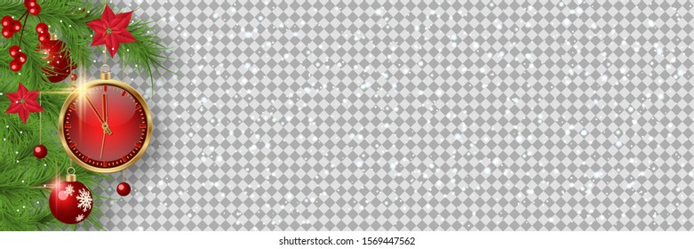 Christmas and New Year vector banner template. Fir tree branches corner with winter decor on transparent background 