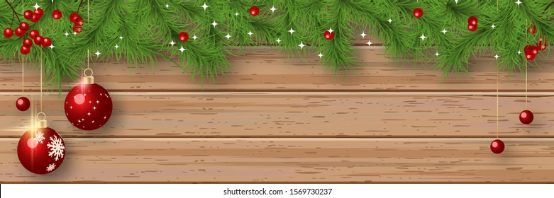 Christmas and New Year vector banner template. Fir tree branches border with winter decor on wooden background