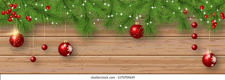 Christmas And New Year Vector Banner Template. Fir Tree Branches Border With Winter Decor On Wooden Background