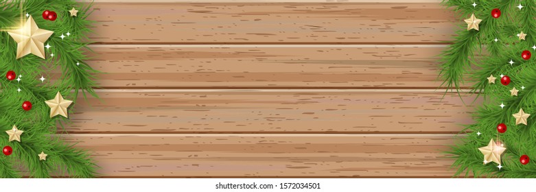 Christmas and New Year vector banner template. Fir tree branches border with winter decor on wooden background