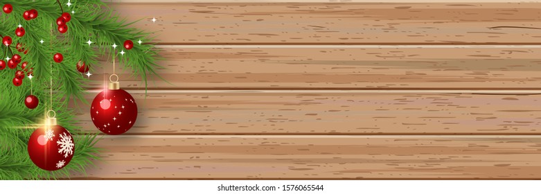 Christmas and New Year vector banner template. Fir tree branches corner with winter decor on wooden background