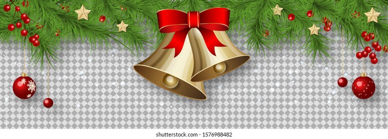 Christmas and New Year vector banner template. Fir tree branches border with winter decor on transparent background 