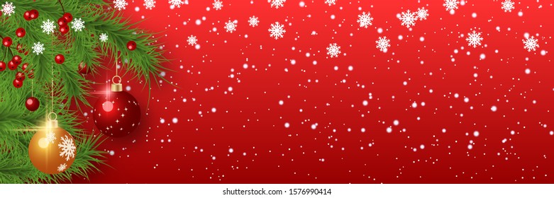 Christmas and New Year vector banner template. Fir tree branches border with winter decor on red gradient background