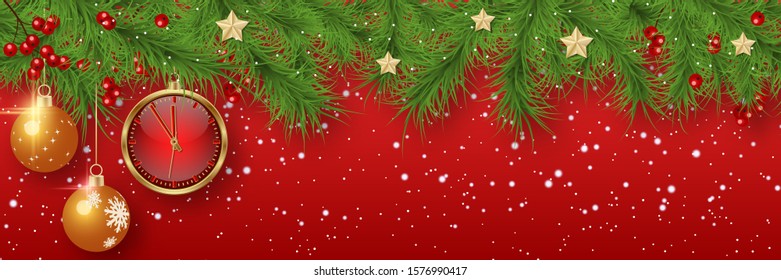 Christmas and New Year vector banner template. Fir tree branches border with winter decor on red gradient background