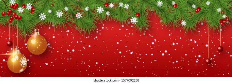 Christmas and New Year vector banner template. Fir tree branches border with winter decor on red gradient background