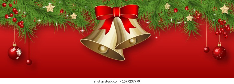 Christmas and New Year vector banner template. Fir tree branches border with winter decor on red gradient background
