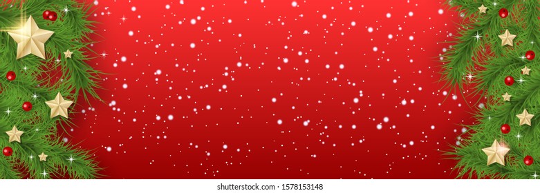 Christmas and New Year vector banner template. Fir tree branches border with winter decor on red gradient background