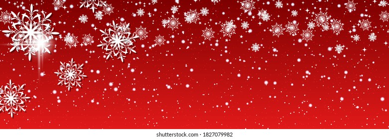 Plantilla de banner vectorial de Navidad y Año Nuevo. Fondo vectorial de gradiente rojo con estrellas y copos de nieve