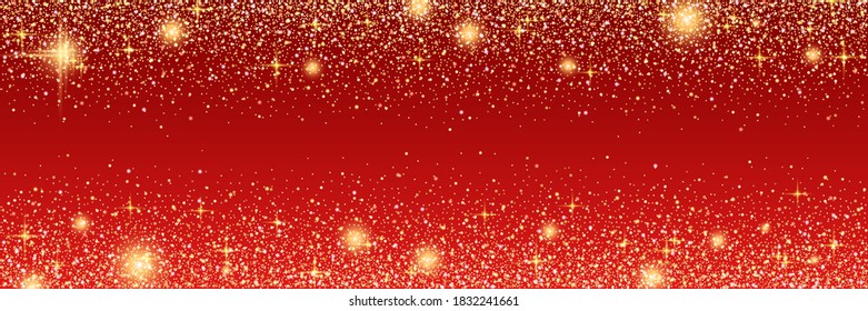 Christmas and New Year vector banner template. Red gradient vector background with stars and glitter effect