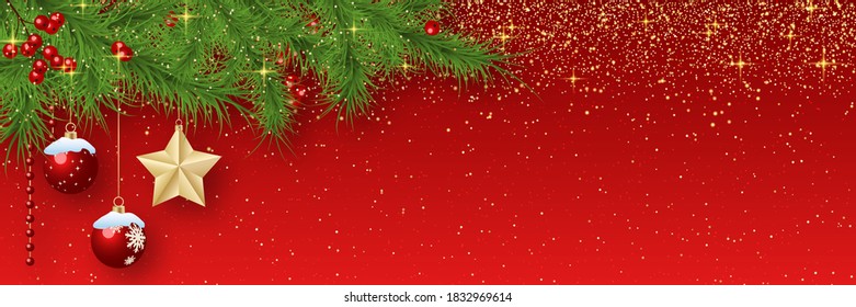 Weihnachten und Neujahr Vektorbanner-Vorlage. roter Farbverlauf-Hintergrund mit Sternen, glänzenderer Effekt und Winterdekor