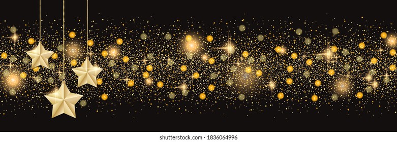 Christmas and New Year vector banner template. Black background with stars and glitter effect