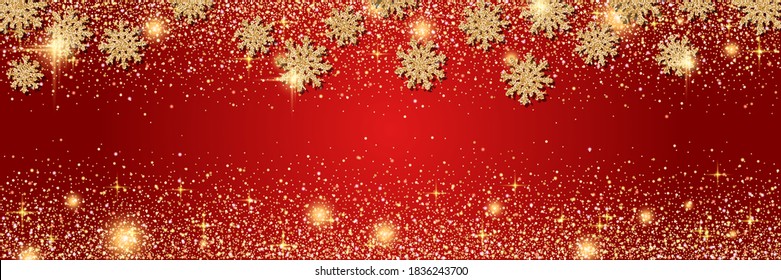 Plantilla de banner vectorial de Navidad y Año Nuevo. Fondo rojo con estrellas y copos de nieve