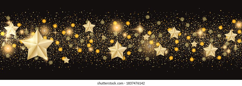 Christmas and New Year vector banner template. Black background with stars and glitter effect