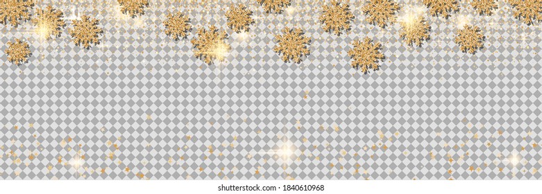 Plantilla de banner vectorial de Navidad y Año Nuevo. Fondo transparente con estrellas doradas y copos de nieve