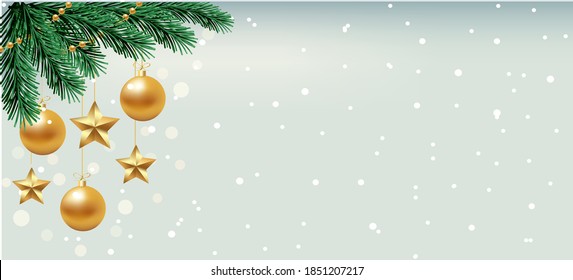 Weihnachten und Neujahr Vektorbanner-Vorlage. Winterhintergrund mit hängenden Sternen, goldenen Bälle und gefeierter Dekoration
