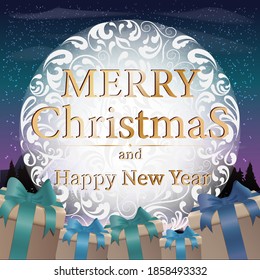 Christmas new year. Vector banner. Colorful. Starry sky, gifts